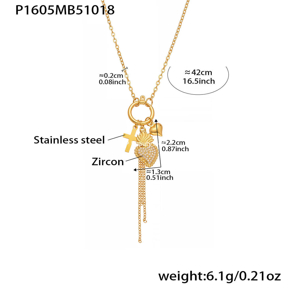 B廠-不鏽鋼5A鋯石皇冠愛心DIY多配件吊墜流蘇項鍊跨境熱銷飾品「P1605-2」25.10-4