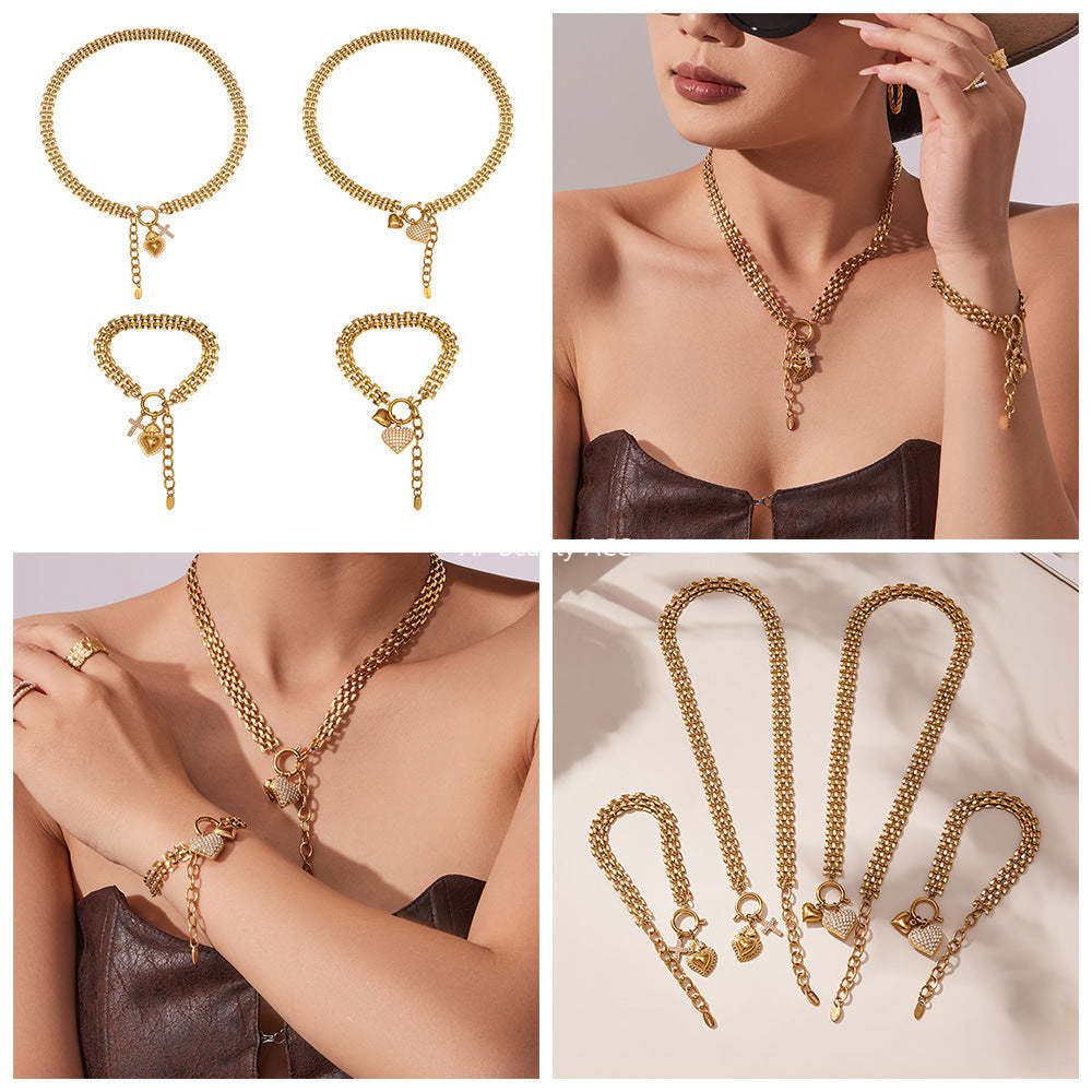 B廠-新款錶帶鏈彈工扣滿鑽鋯石愛心吊墜項鍊手鍊套裝不鏽鋼材質「TXP476」25.11-3