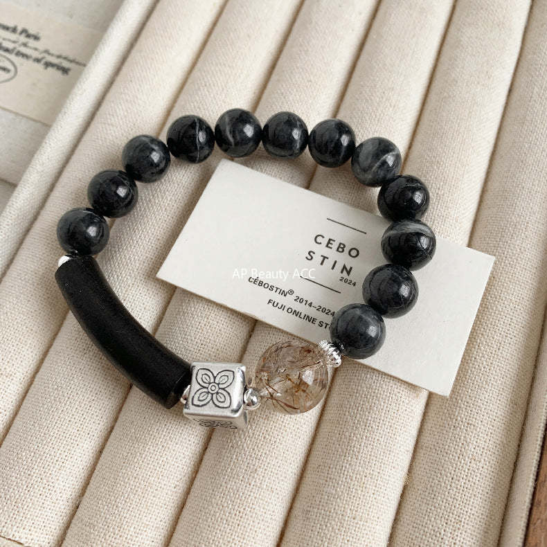 C廠-藏式古風 花朵方糖天然黑金超七水晶沈香木半鐲墨玉手串手工手鍊「1611」25.11-4