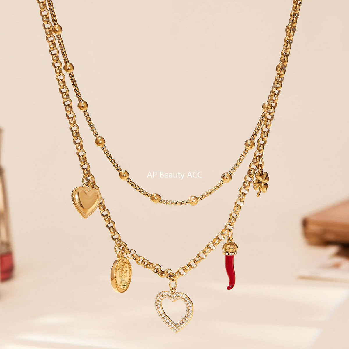 B廠-不鏽鋼雙層疊戴項鍊 ins愛心鋯石多吊墜歐美百搭輕奢鎖骨鏈「P170」25.11-3