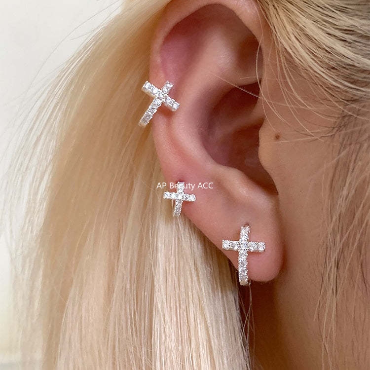 C廠-法式時尚鋯石耳環女輕奢百搭小眾設計十字架銀針耳扣秋冬氣質耳飾「EH-4259」25.11-3