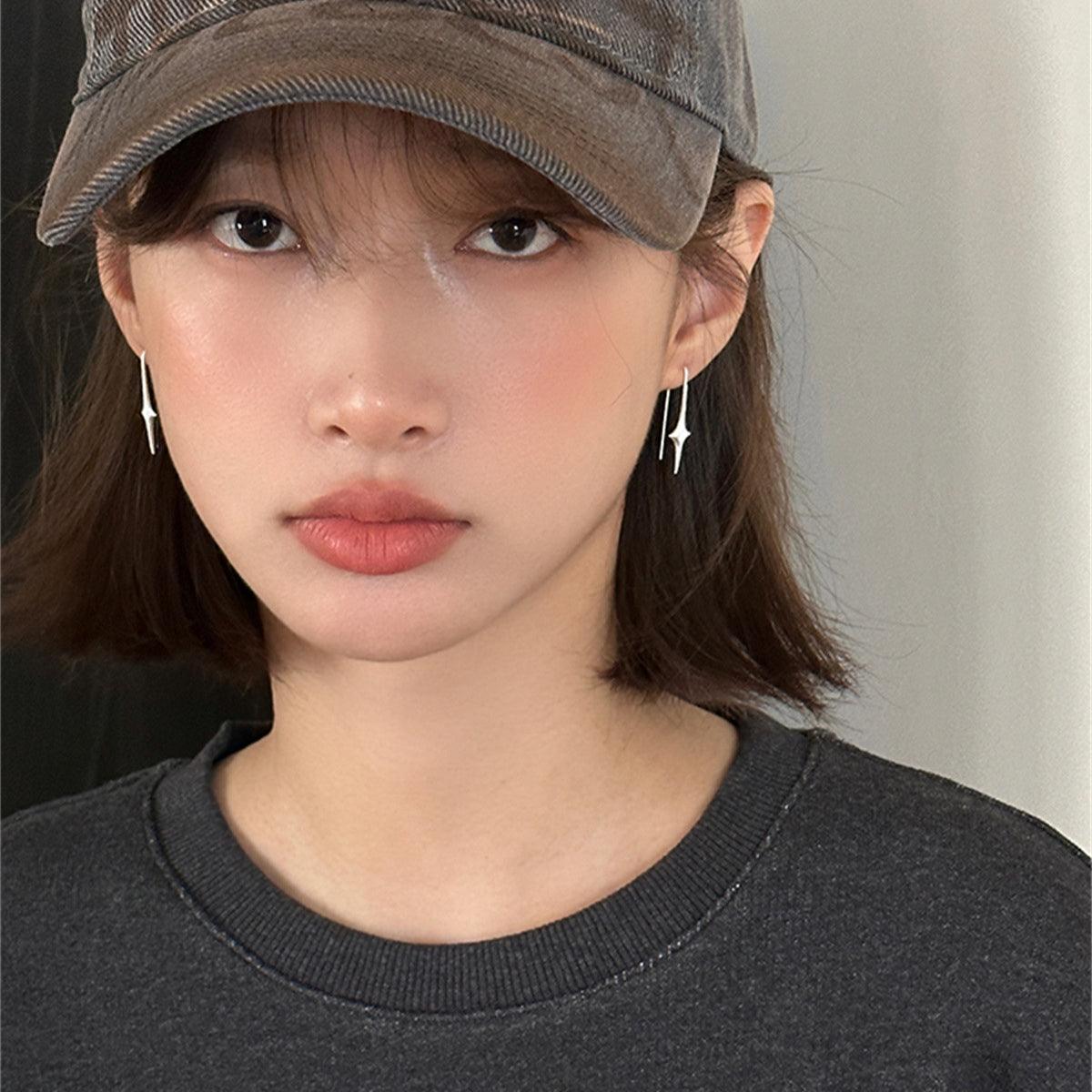 C廠-925銀針磨砂拉絲星星耳鈎女韓系小眾高級感耳環輕奢時尚新耳飾「EH-3268」24.10-3