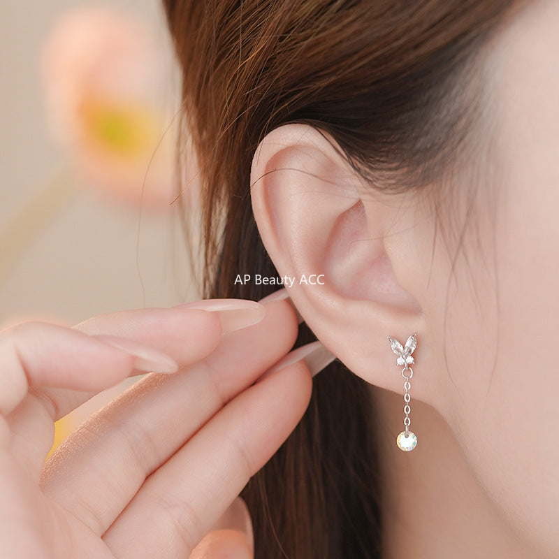 D廠-足銀S999蝴蝶鋯石流蘇耳環森系炫彩時尚輕奢精美淡雅小眾耳飾耳釘「YC4634E_1」25.11-1