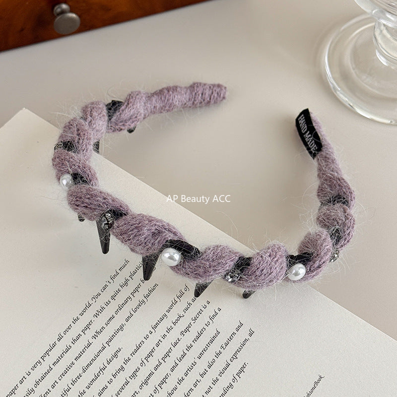 E廠-韓系閃鑽珍珠毛線波浪髮箍女高顱頂頭箍帶齒防滑外戴髮卡壓髮頭飾「27663」25.11-2