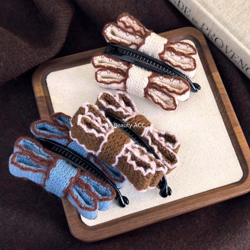 E廠-韓國復古針織毛線雙層蝴蝶結髮夾香蕉夾2025新款秋冬款盤髮馬尾夾「27758」25.12-1