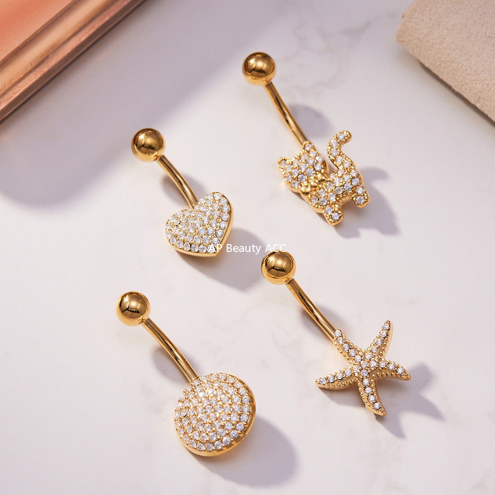 B廠-跨境新款多元素滿鑽鋯石肚臍釘不鏽鋼鍍18k金歐美穿刺飾品「H009」25.11-2