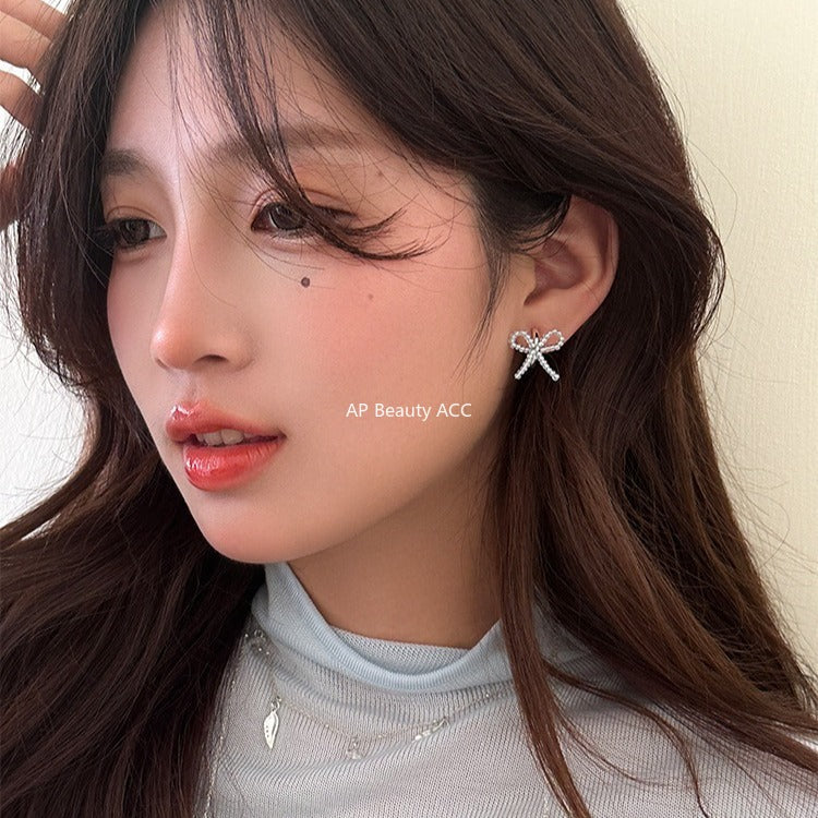 C廠-甜美小香風串珠蝴蝶結耳釘女絕美百搭高級感耳環韓系輕奢氣質耳飾「EH-4125」25.11-1