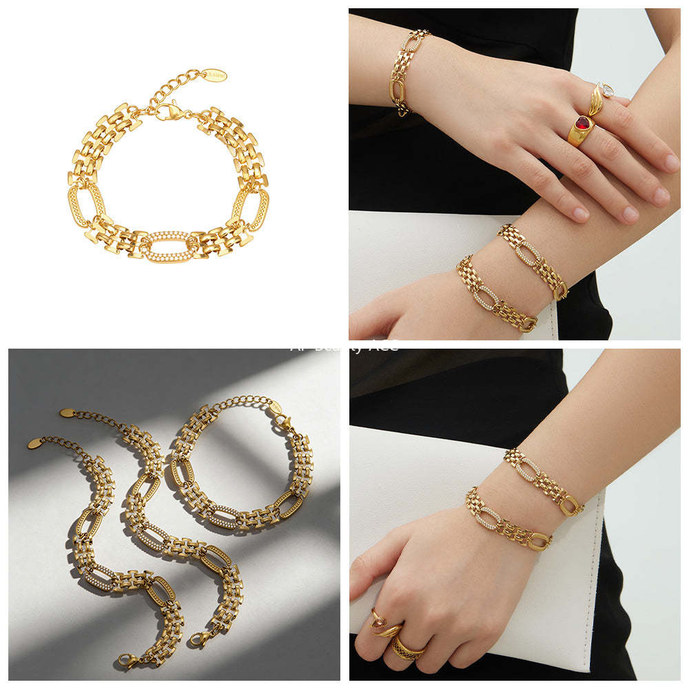 B廠-不鏽鋼超閃5A鋯石手錶鏈手鍊鍍18k真金歐美跨境簡約時尚情侶首飾「E301」25.12-3