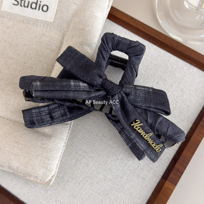 E廠-美拉德格紋蝴蝶結抓夾女高級感大號鯊魚夾子新款盤髮夾後腦勺頭飾「27659」25.11-2