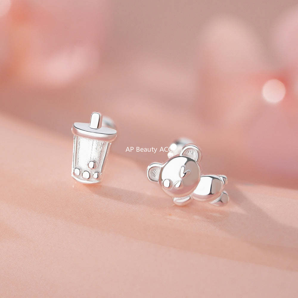 D廠-S999足銀小熊奶茶螺絲耳環可愛童趣新款個性清新精緻溫柔耳飾「YC9310E_1」25.11-4