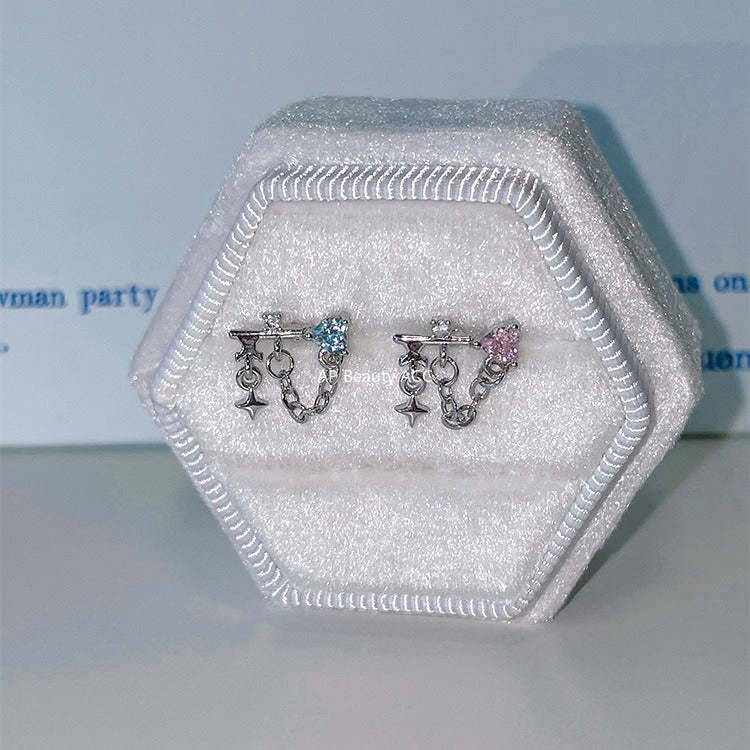 C廠-甜美精緻粉色鋯石十字架耳釘女個性獨特小香風鈦鋼耳骨釘小眾耳飾「EH-4328」25.11-4