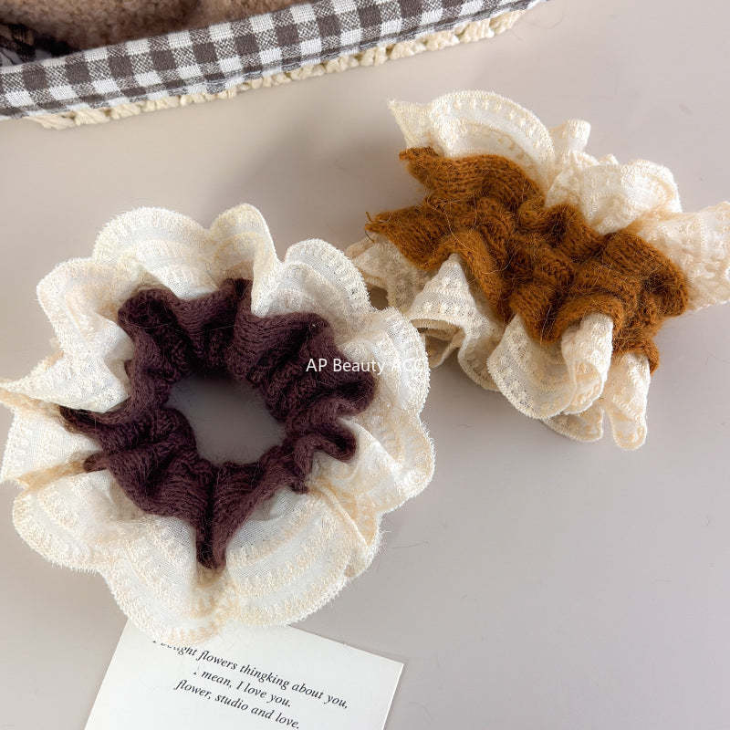 E廠-韓系慵懶風毛線針織蕾絲花邊雙層大腸髮圈女扎頭髮丸子頭髮繩頭繩「27716」25.11-4