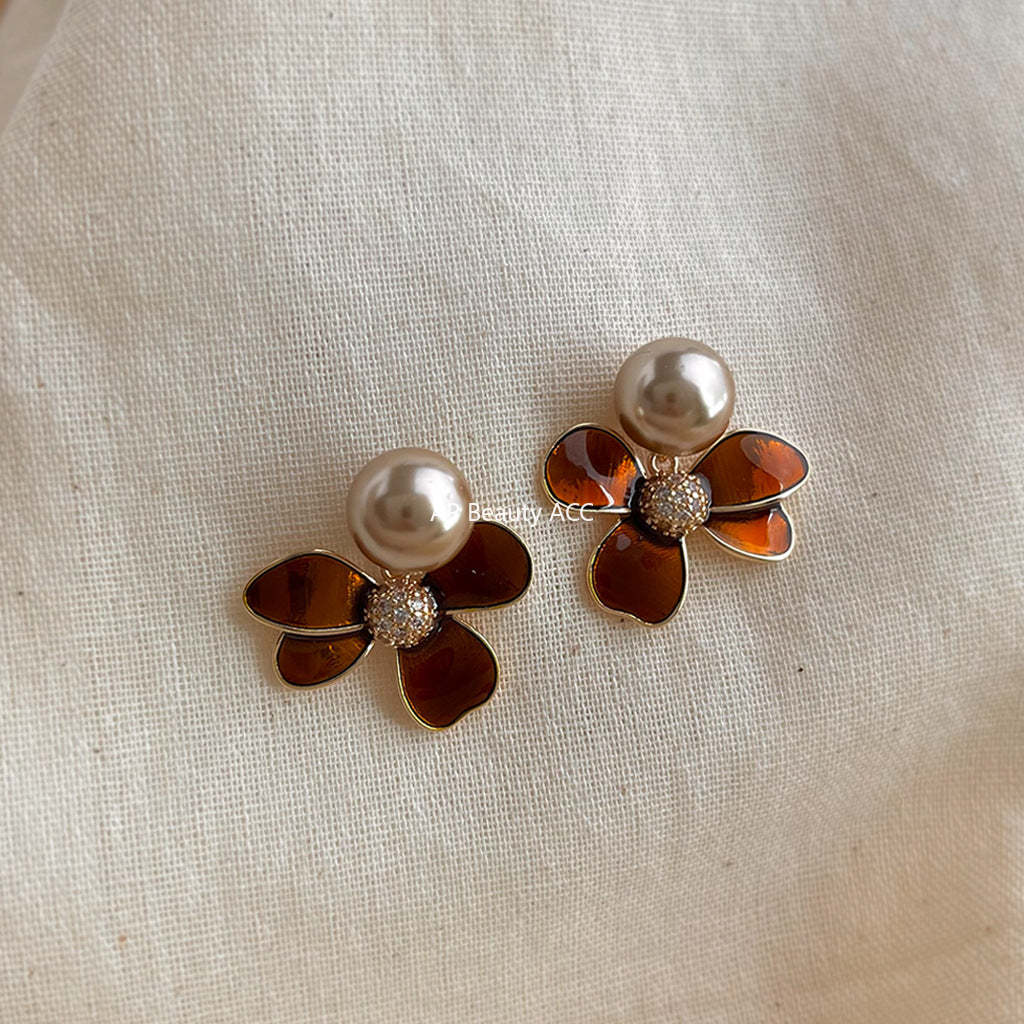 A廠-2025新款爆款文藝復古美拉德風925銀針琺瑯滴釉咖色花朵耳飾 耳環「7105」25.11-3