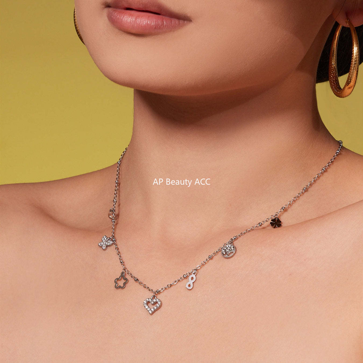 B廠-跨境新款靈動愛心滿鑽鋯石吊墜雙層鎖骨項鍊不鏽鋼鍍18k金「P874」25.11-4