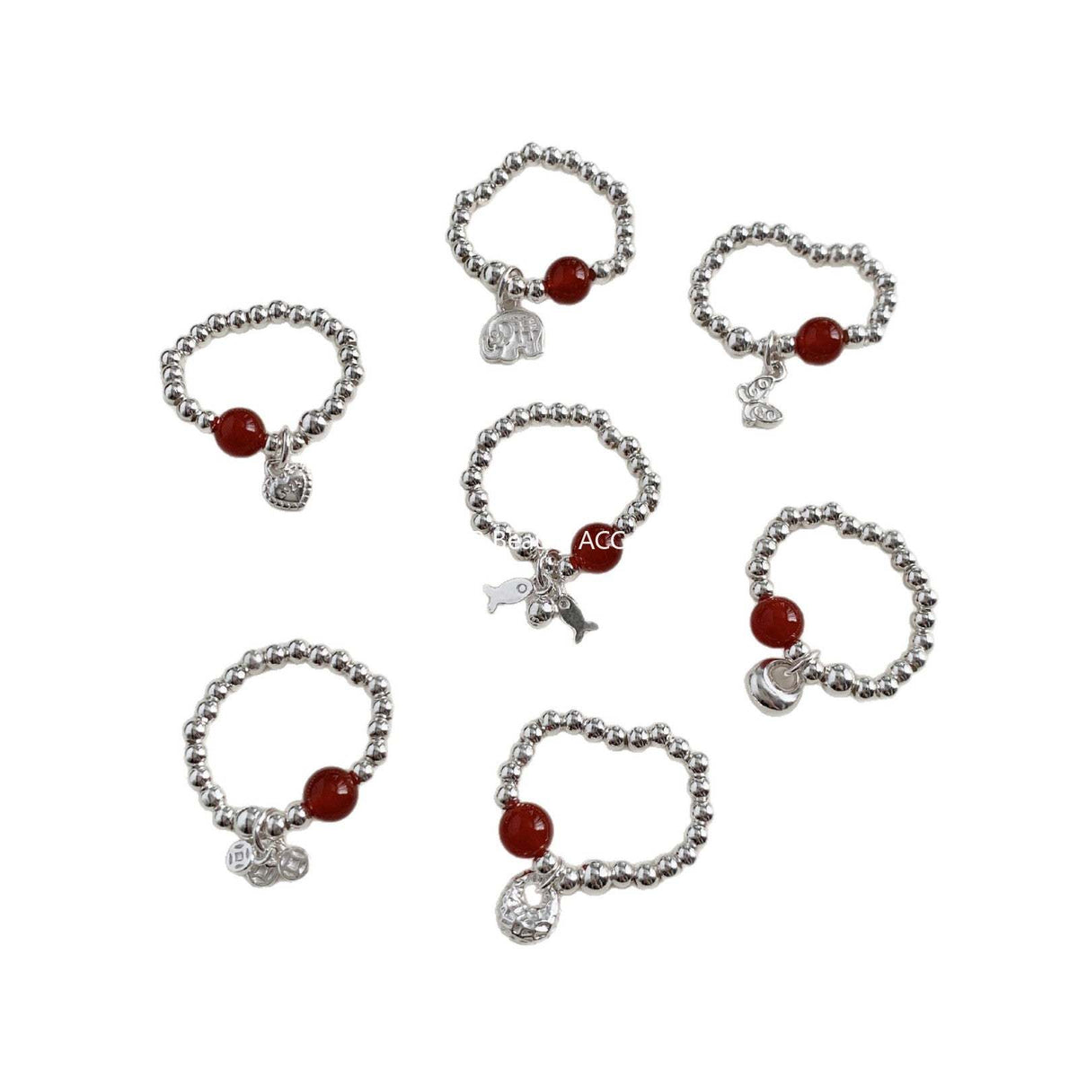 C廠-新中式古風大象小象小魚福袋蝴蝶結錢幣紅瑪瑙S925純銀彈力戒指「1520-1527」25.11-3