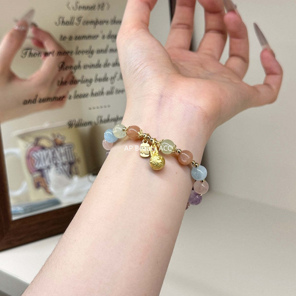 AS廠-天然多寶葡萄石粉晶紫水晶海藍寶手串多巴胺單圈串珠手鍊爆款「l2721」25.10-5