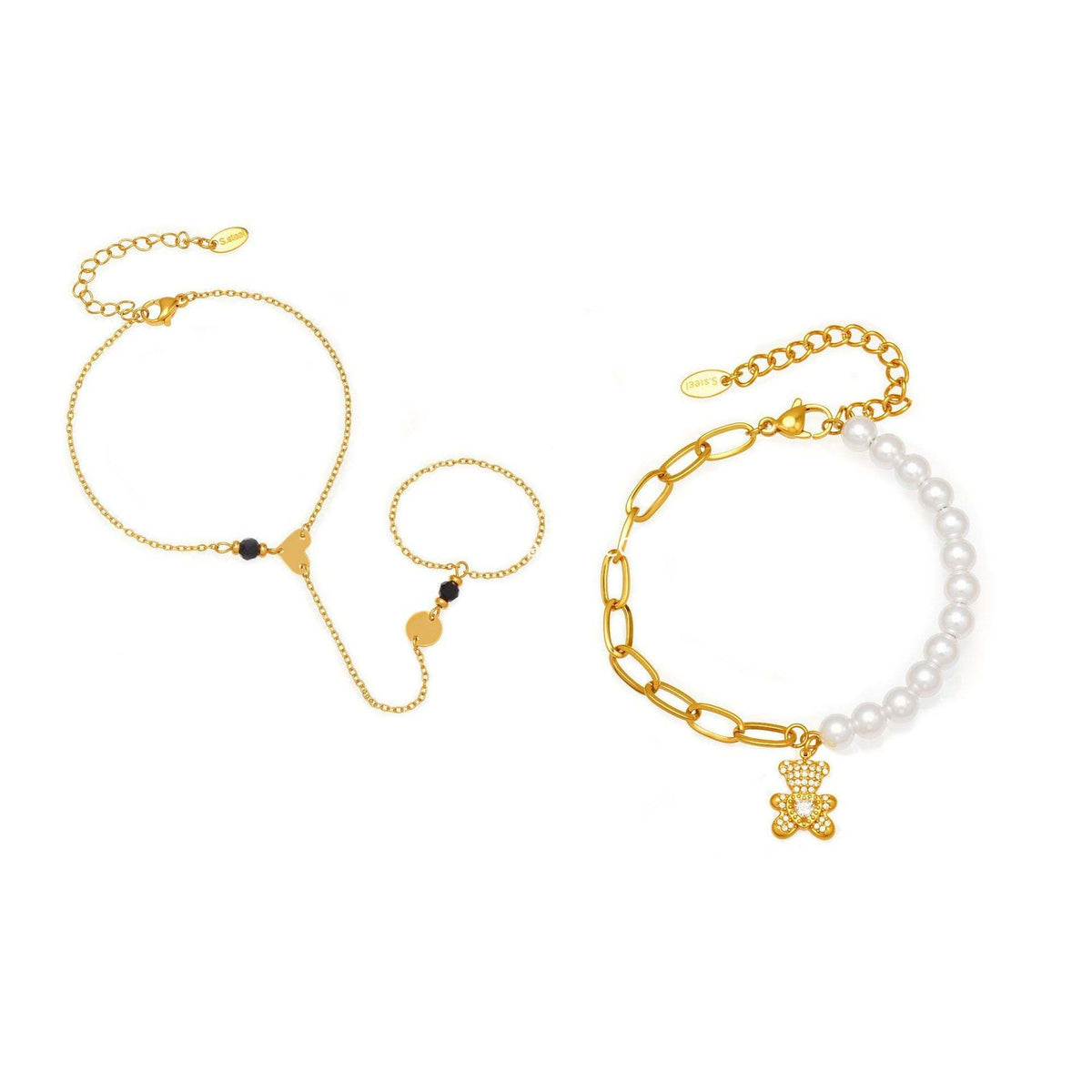 B廠-不鏽鋼愛心小熊鑲鋯石吊墜手工貝珠手鍊手指鏈組合手上鍍18k真金「E153-E162」25.12-3