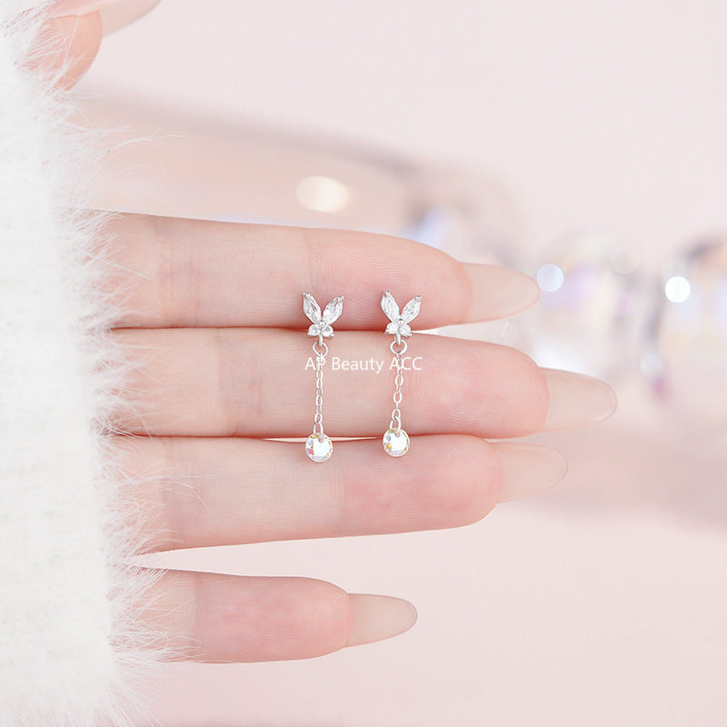 D廠-足銀S999蝴蝶鋯石流蘇耳環森系炫彩時尚輕奢精美淡雅小眾耳飾耳釘「YC4634E_1」25.11-1