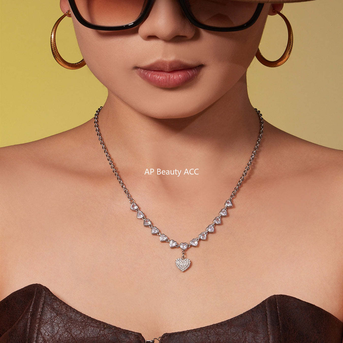 B廠-超閃5A鋯石滿鑽15個愛心鎖骨項鍊不鏽鋼鍍18k真金珠寶首飾「P970」25.11-4