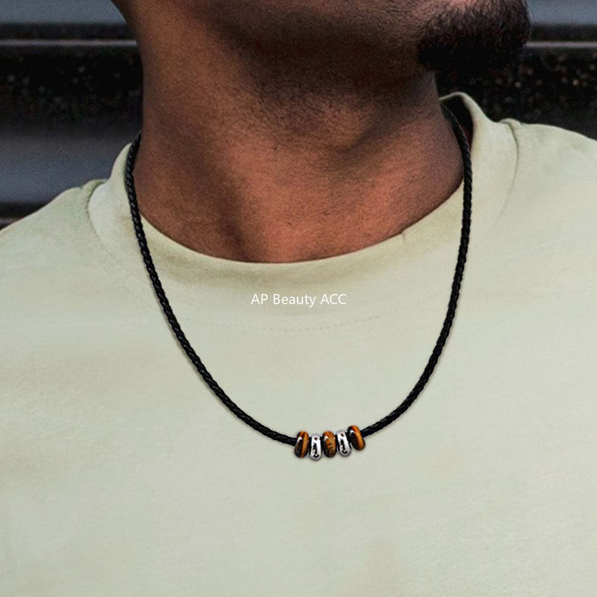 G廠-不鏽鋼個性冷淡風ins小眾隔珠黑色PU皮繩虎眼串珠項鍊鋼色「NC-2405」25.10-5