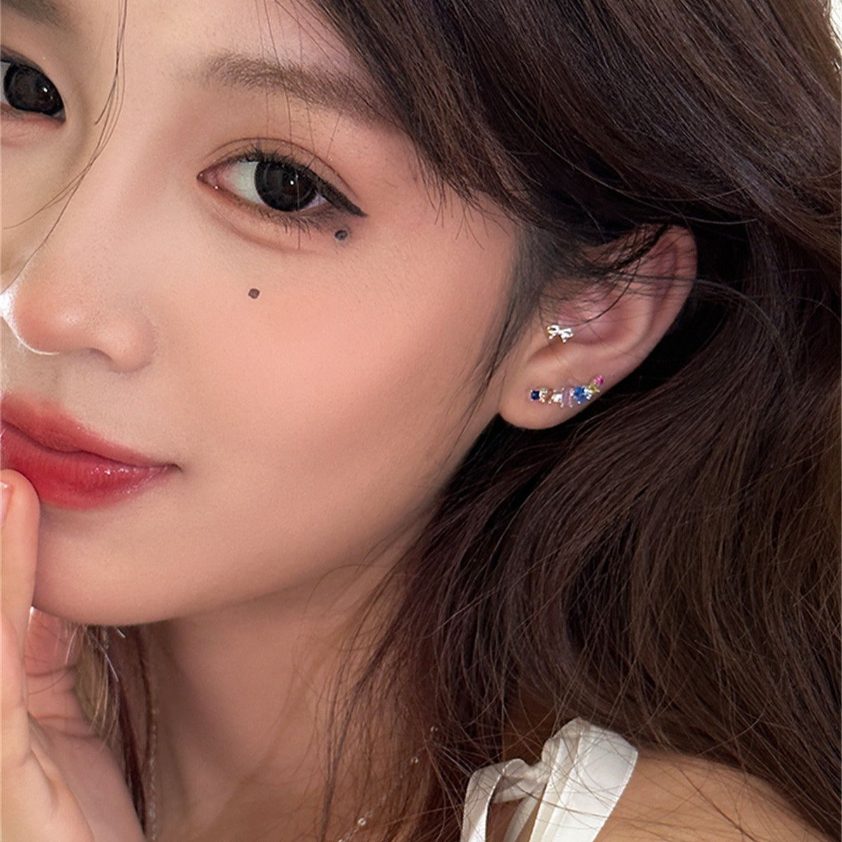 C廠-多巴胺甜美鋯石彩虹橋銀針耳釘女小眾設計感精緻耳環獨特撞色耳飾「EH-3982」25.09-4