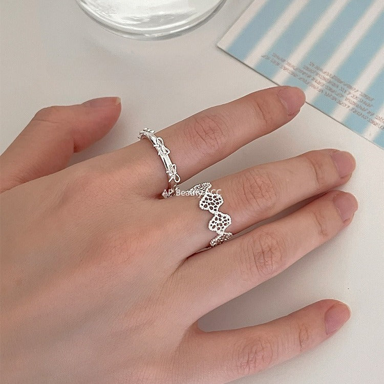 C廠-宮廷風蕾絲花邊純銀戒指輕奢小眾高級感蝴蝶結食指戒百搭氣質指環「JZ-0726」25.11-1