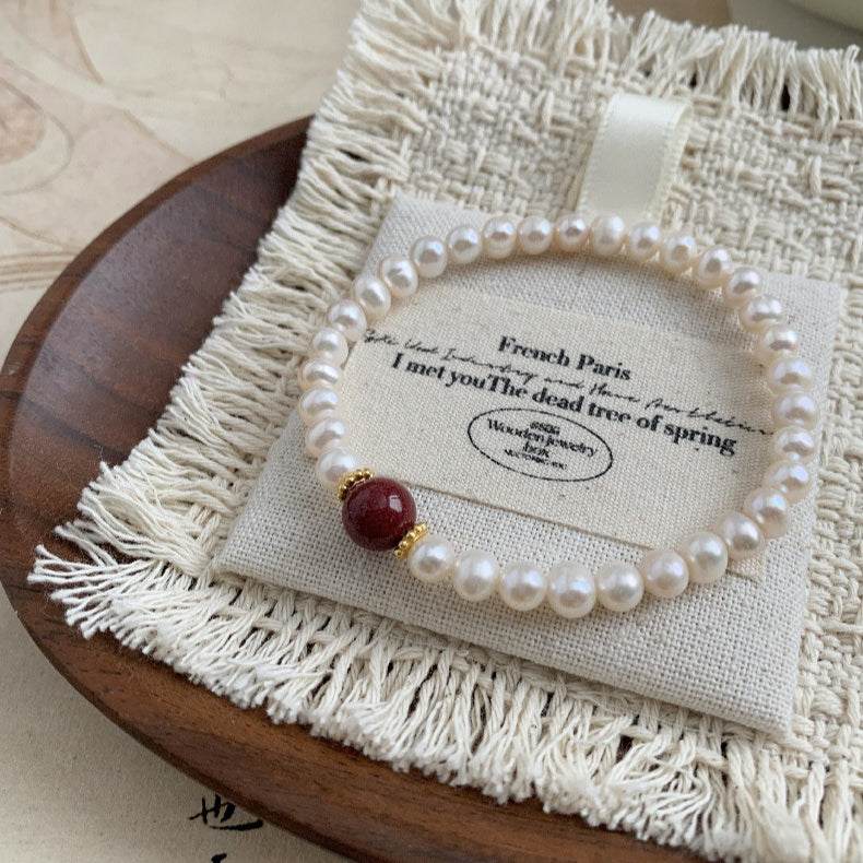 C廠-新中式宮廷極光淡水珍珠手鍊女款輕奢高級感高含量天然朱砂手鍊「1637」25.12-3