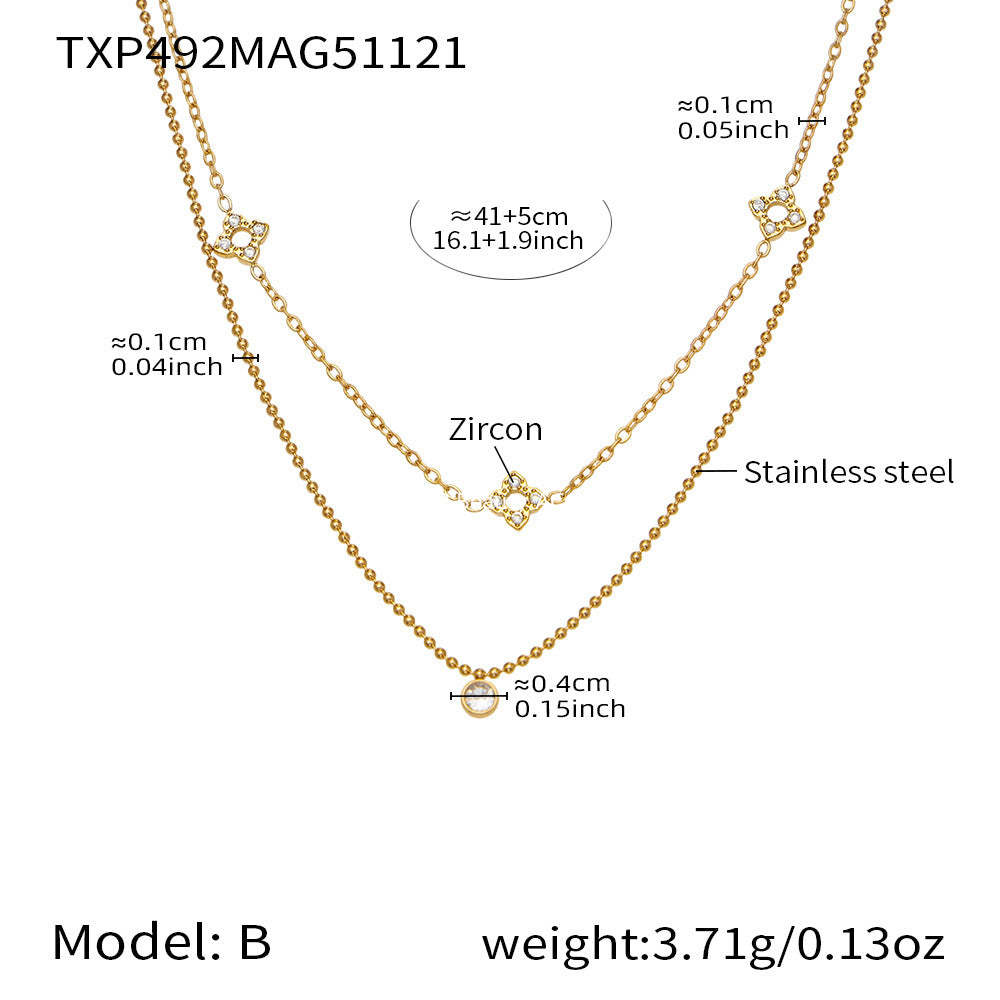 B廠-簡約時尚花朵滿鑽鋯石吊墜雙層疊戴項鍊不鏽鋼手鍊戒指套裝「TXP492」25.11-4
