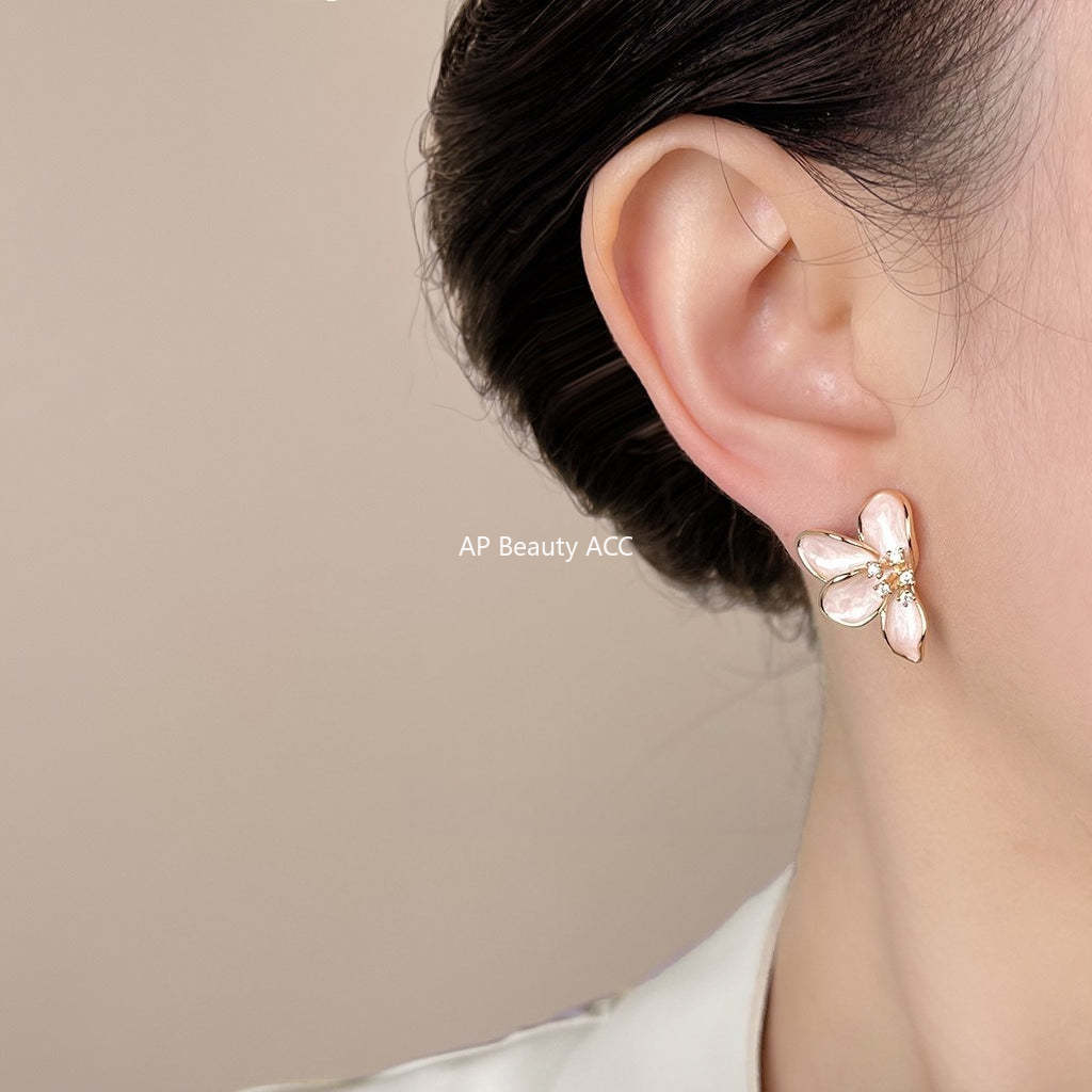 A廠-溫柔氣質微鑲鋯石925銀針清新甜美小香風琺瑯滴釉花朵耳環 耳飾女「6950」25.10-5