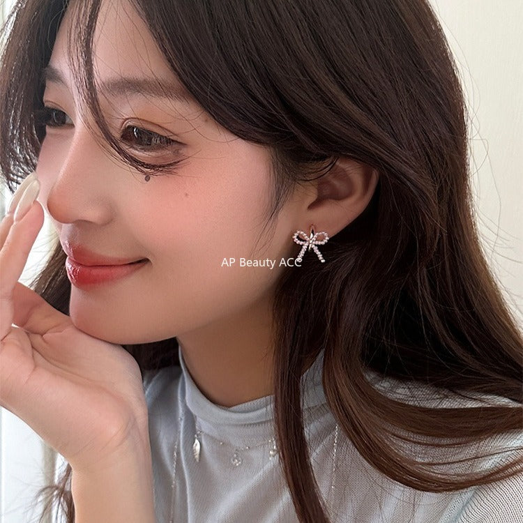 C廠-甜美小香風串珠蝴蝶結耳釘女絕美百搭高級感耳環韓系輕奢氣質耳飾「EH-4125」25.11-1