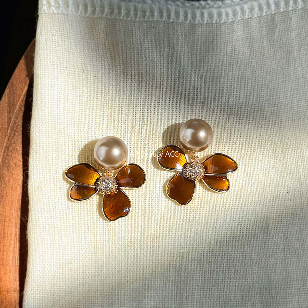 A廠-2025新款爆款文藝復古美拉德風925銀針琺瑯滴釉咖色花朵耳飾 耳環「7105」25.11-3