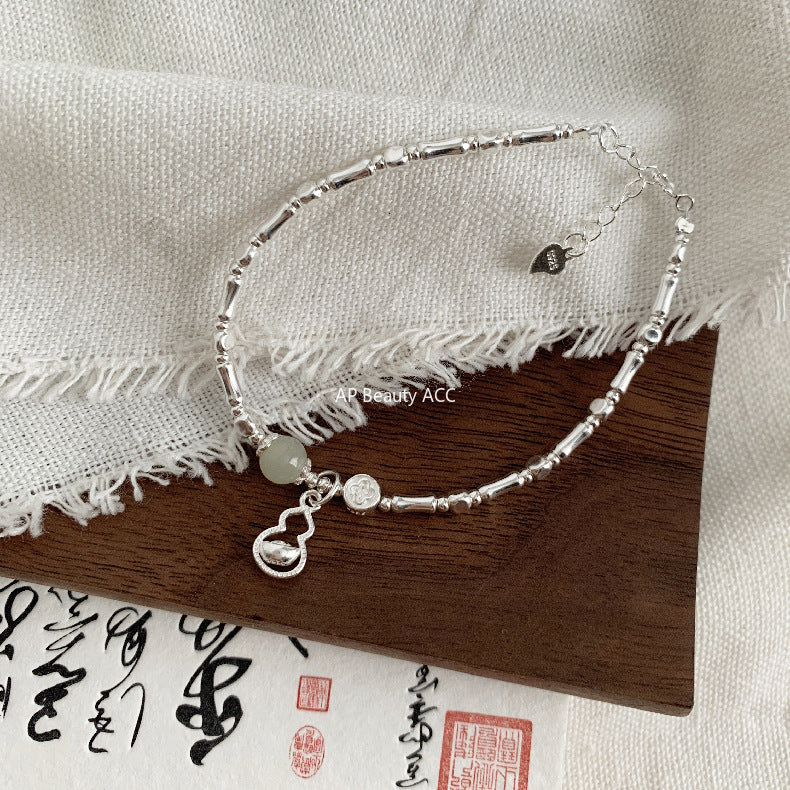 C廠-新中式國風古風宮廷風元寶葫蘆竹節天然和田玉紫金砂朱砂S925手鍊「1600」25.11-2