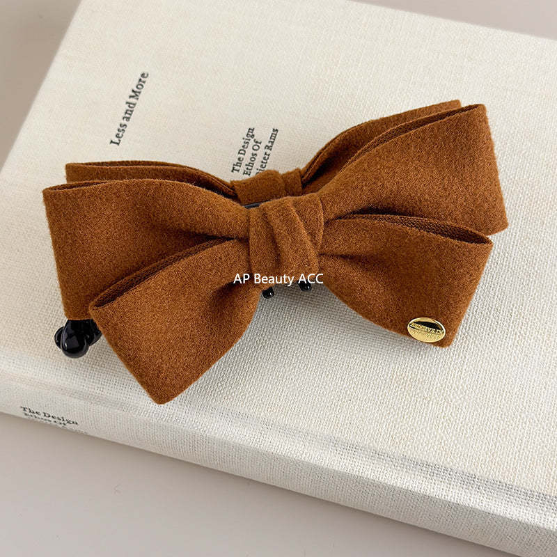 E廠-韓國秋冬高級感雙面呢子蝴蝶結香蕉夾韓系金標竪夾馬尾髮夾髮飾「27639」25.11-1