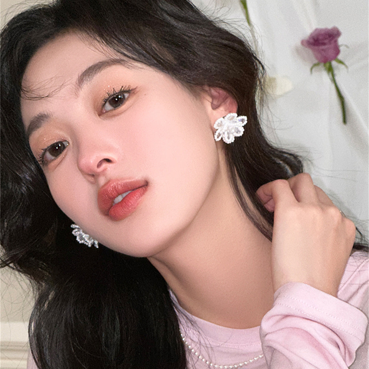 C廠-設計感夏天甜美超仙花朵珍珠耳釘女時髦高級感簡約小清新鋯石耳飾「EH-3877」25.06-3