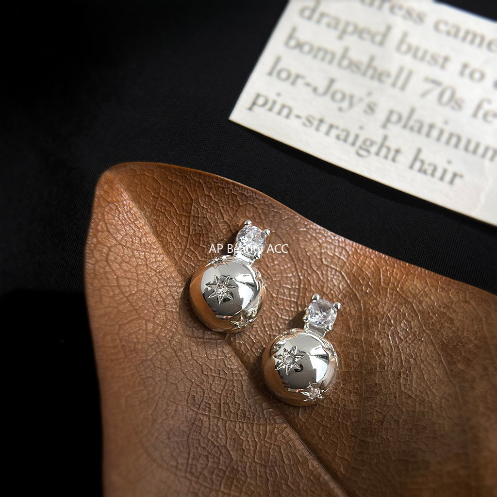 A廠-甜酷風微鑲鋯石芒星925銀針半圓幾何高級感個性新耳飾工廠 耳釘「7056」25.11-2