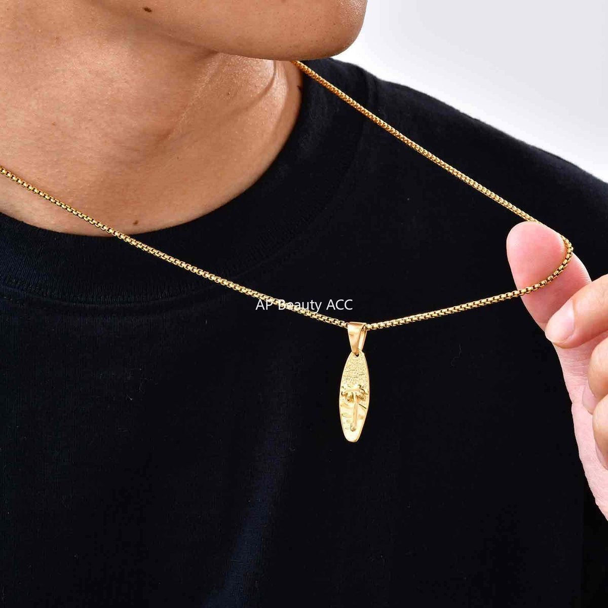 G廠-男士休閒度假風不鏽鋼橢圓椰樹吊墜項鍊 歐美時尚飾品批發「PN-2159」25.10-5