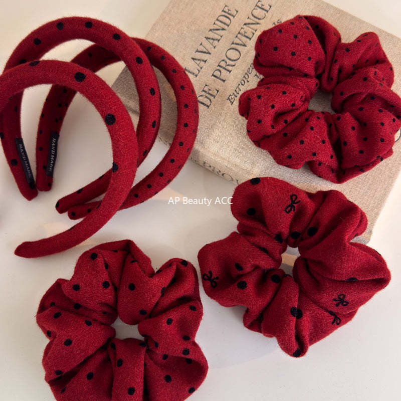 E廠-新年紅色波點大腸髮圈網紅2025新款綁頭髮頭繩高顱頂頭箍洗臉髮捆「27755」25.12-1