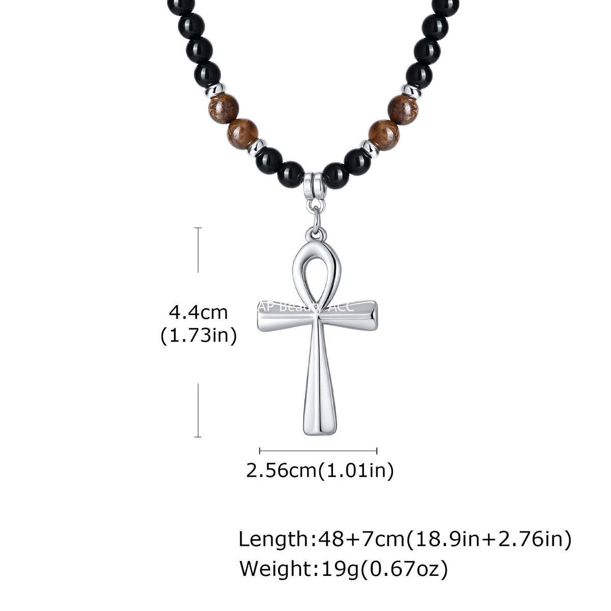 G廠-新款不鏽鋼安卡十字架黑色亞克力圓珠虎眼石串珠項鍊鋼色「NC-1700」25.12-2