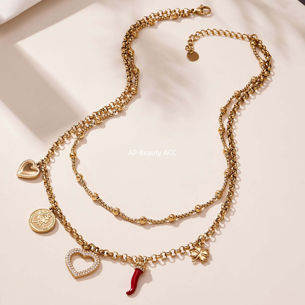 B廠-不鏽鋼雙層疊戴項鍊 ins愛心鋯石多吊墜歐美百搭輕奢鎖骨鏈「P170」25.11-3