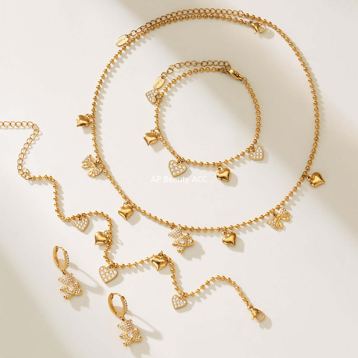 B廠-不鏽鋼5A鋯石滿鑽小熊蝴蝶結愛心多配件吊墜項鍊手鍊耳環首飾套裝「TXP500」25.11-4