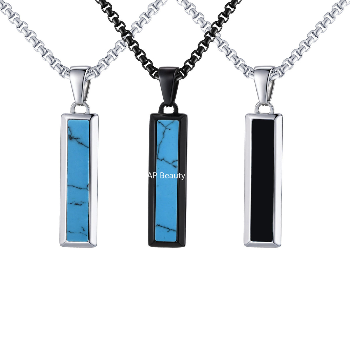 G廠-批發歐美跨境男士時尚百搭不鏽鋼瑪瑙綠松石幾何吊墜項鍊「PN-2221」25.11-1