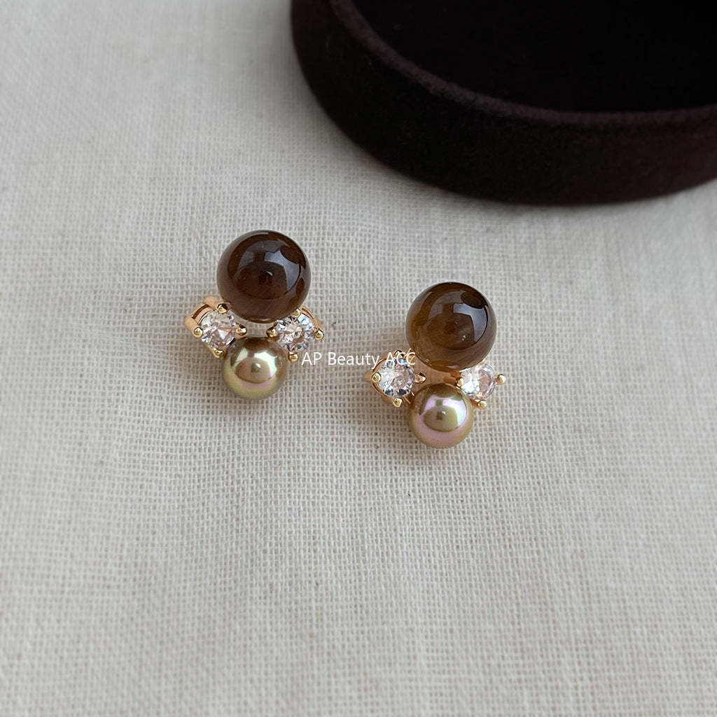 A廠-美拉德風 文藝復古天然石虎眼石925銀針鋯石幾何耳環新耳飾「7233」25.12-2