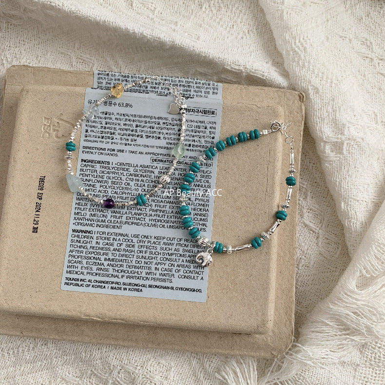 C廠-國朝新中式古風吉祥大象小象鋁鎂礦仿綠松石天然石S925純銀手鍊「1547-1548」25.11-2