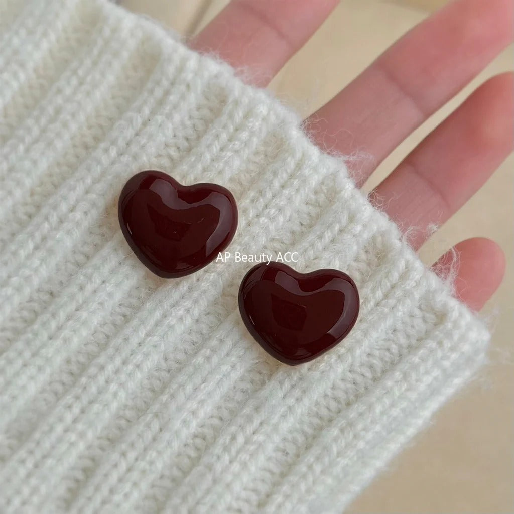 A廠-琺瑯滴釉酒紅色愛心耳環文藝復古港風心形通勤耳飾「7254」25.12-3