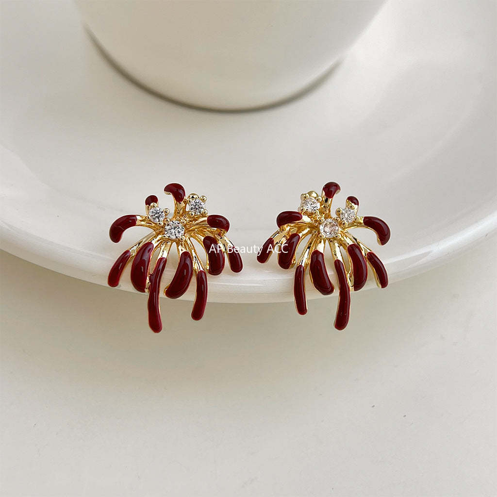 A廠-璀璨煙火微鑲鋯石琺瑯滴釉紅酒時尚高級感s925銀針新款耳飾女耳釘「7248」25.12-3