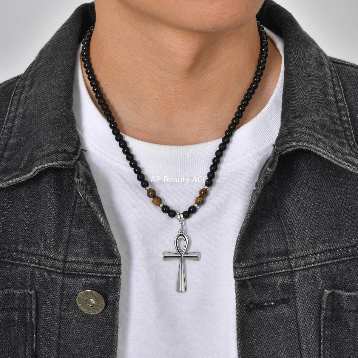 G廠-新款不鏽鋼安卡十字架黑色亞克力圓珠虎眼石串珠項鍊鋼色「NC-1700」25.12-2