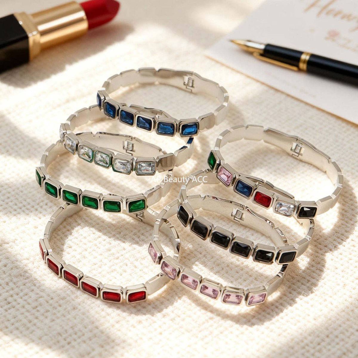 B廠-不鏽鋼方形彩色玻璃石手鐲ins小眾設計歐美潮酷飾品鍍18k金不掉色「Z518」25.12-2