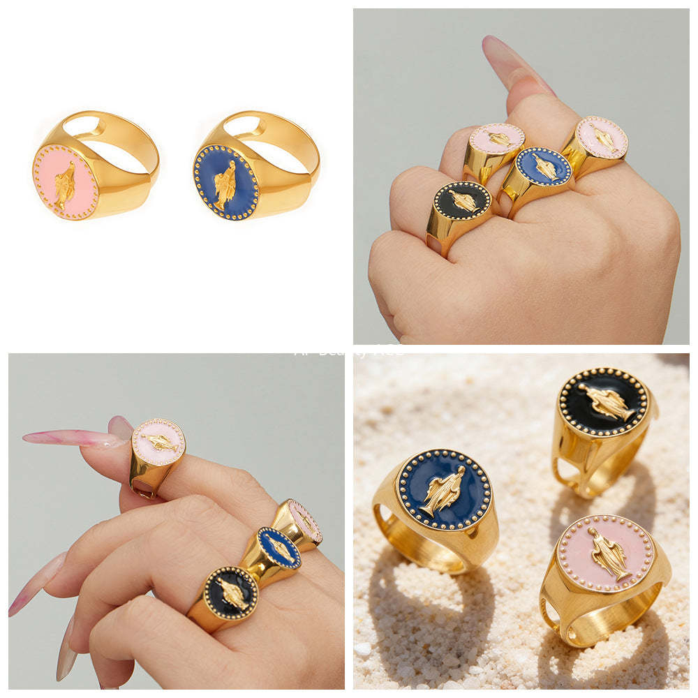 B廠-不鏽鋼側面開口女王滴油戒指琺瑯彩釉個性時尚設計手飾鍍18k真金「A676」25.12-3