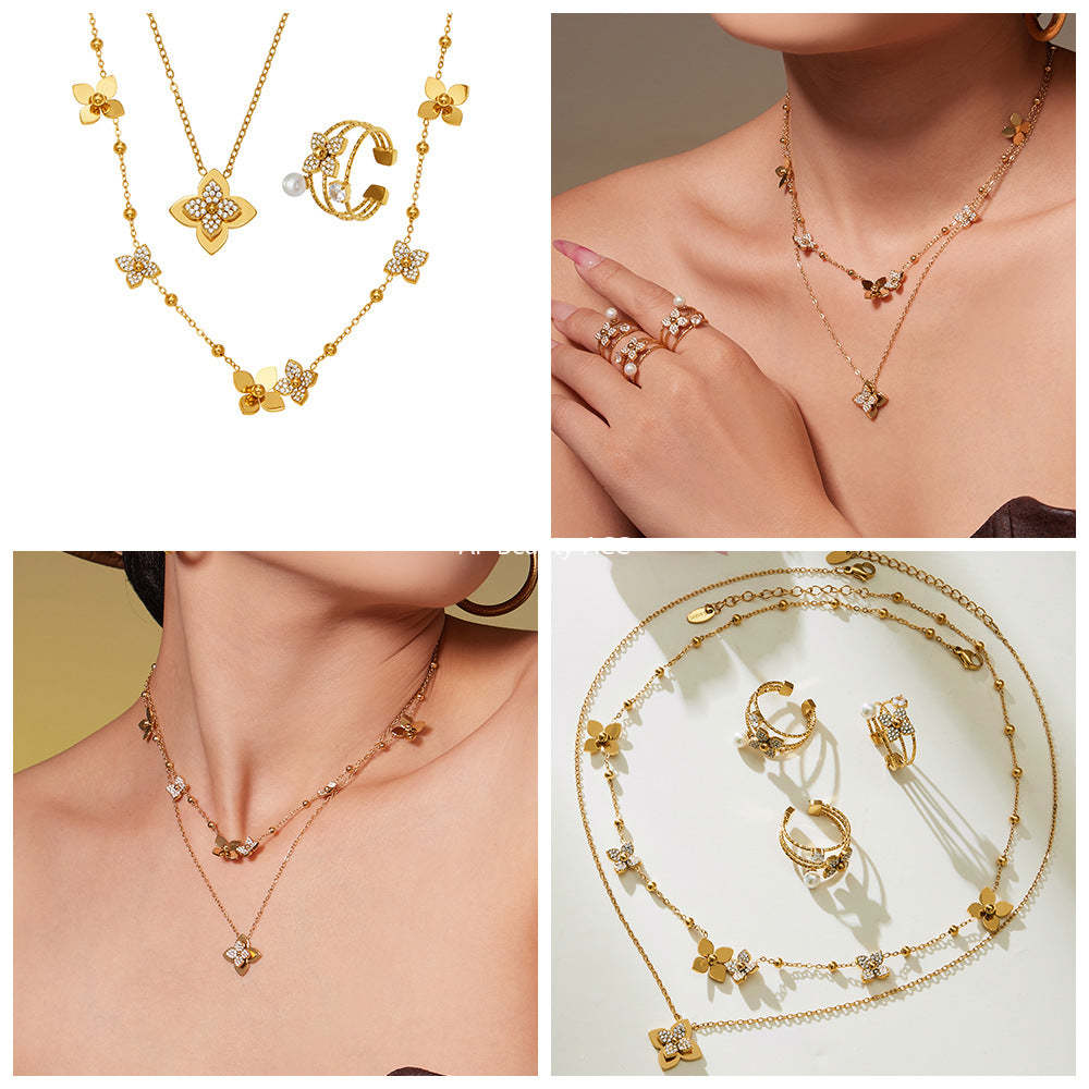 B廠-熱銷新品重十字夾珠鬱金香花朵鑲鋯石滿鑽鎖骨項鍊戒指套裝「TXP489」25.11-4