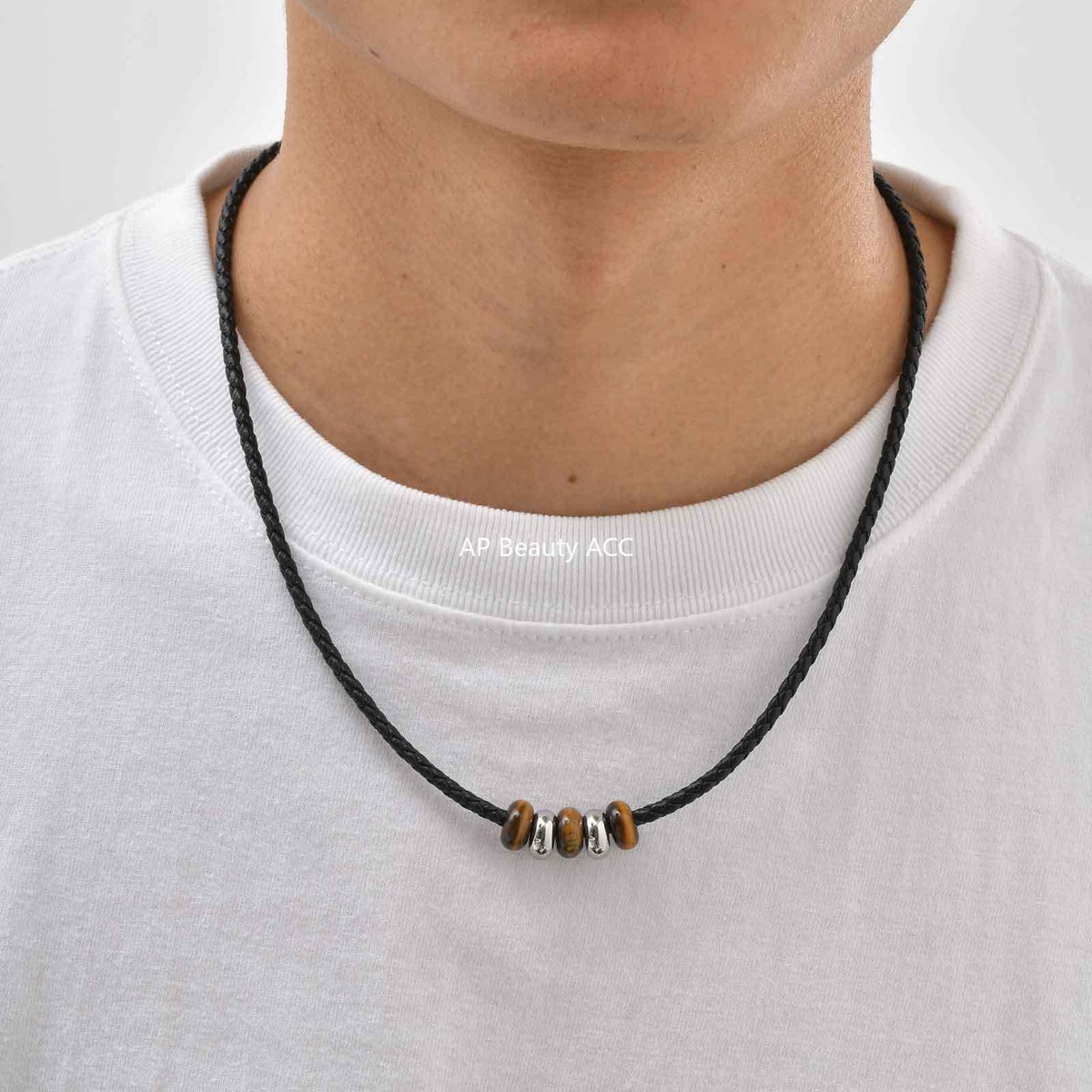 G廠-不鏽鋼個性冷淡風ins小眾隔珠黑色PU皮繩虎眼串珠項鍊鋼色「NC-2405」25.10-5